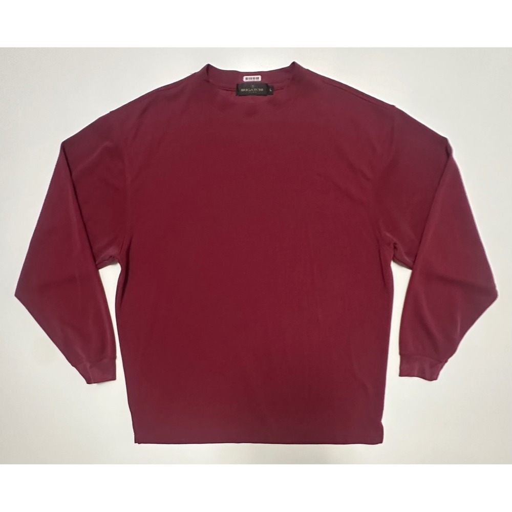 Bugatchi Uomo Mens Ribbed Long Sleeve Crew Neck Shirt Burgundy Wine Red Size L